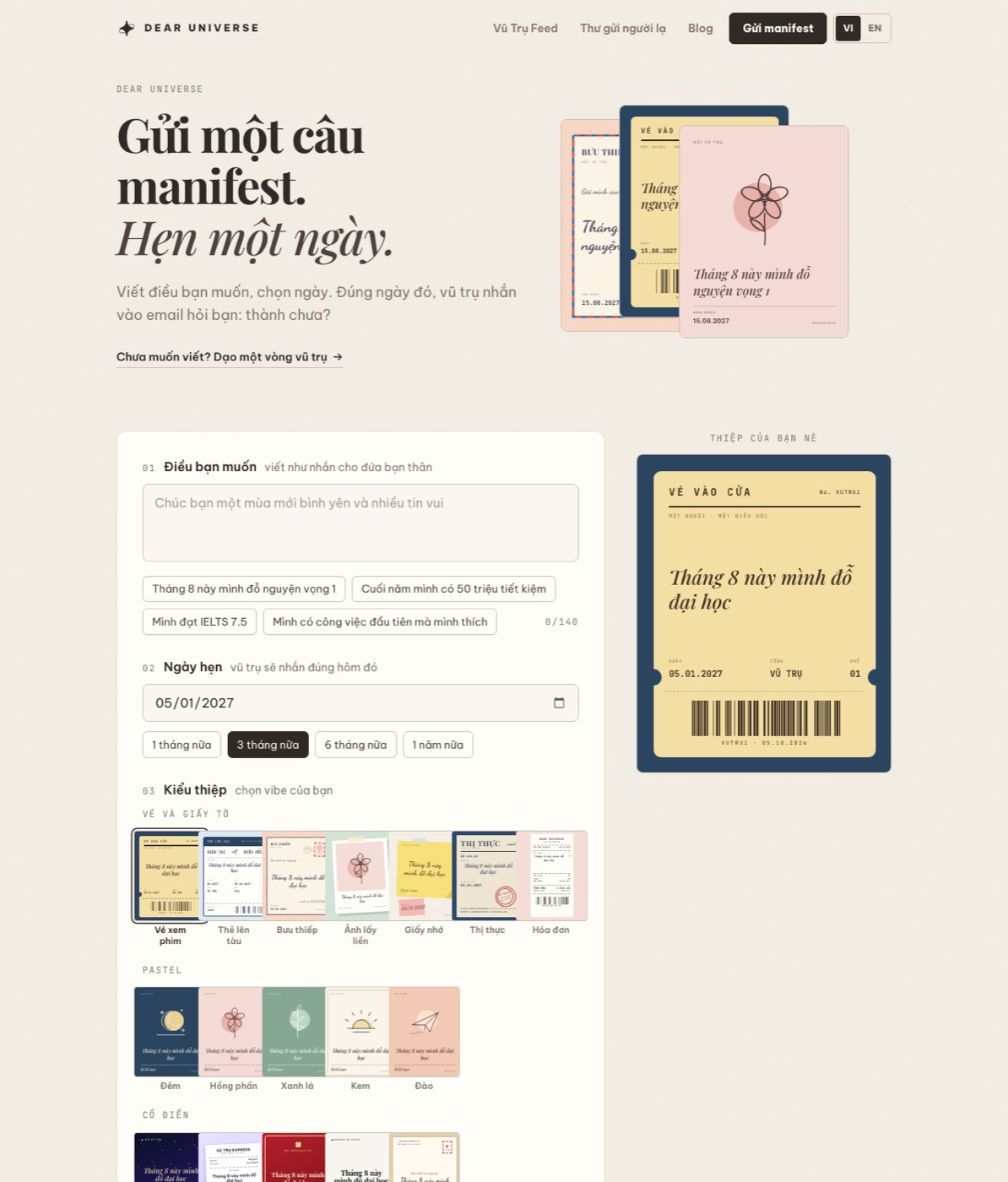 Trang chủ Dear Universe với ô viết câu manifest, chọn ngày hẹn và xem trước thiệp