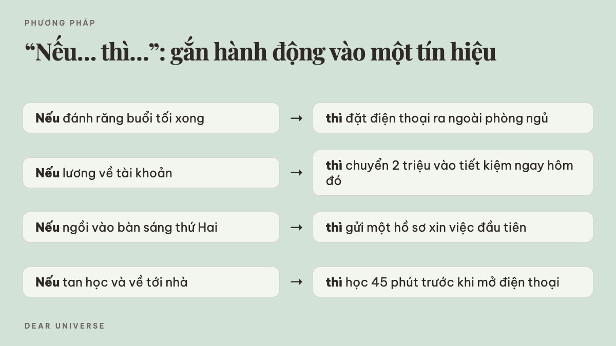 Bốn ví dụ kế hoạch nếu-thì gắn hành động vào một tín hiệu hằng ngày