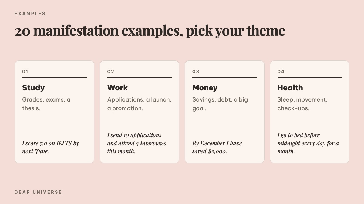 20 manifestation examples by theme: study, work, money and health